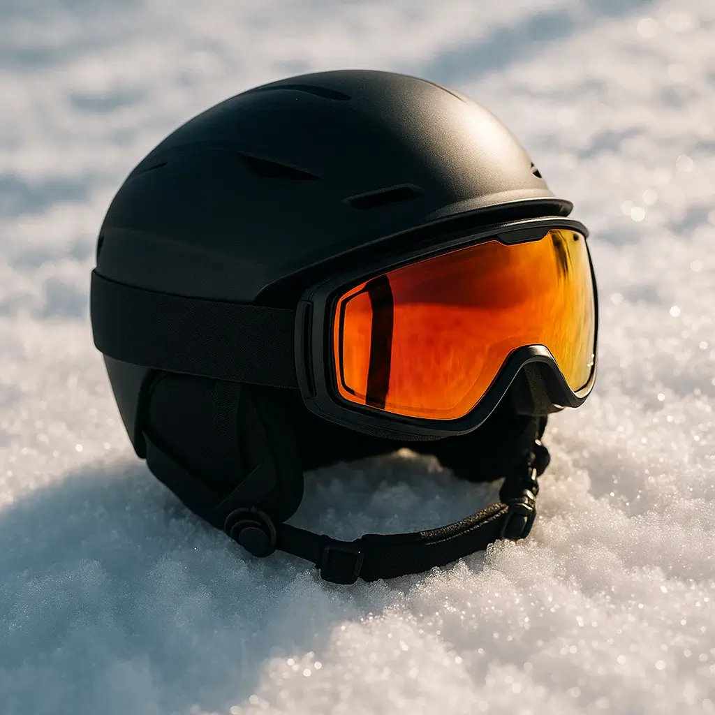 Ski helmet and goggles on snow