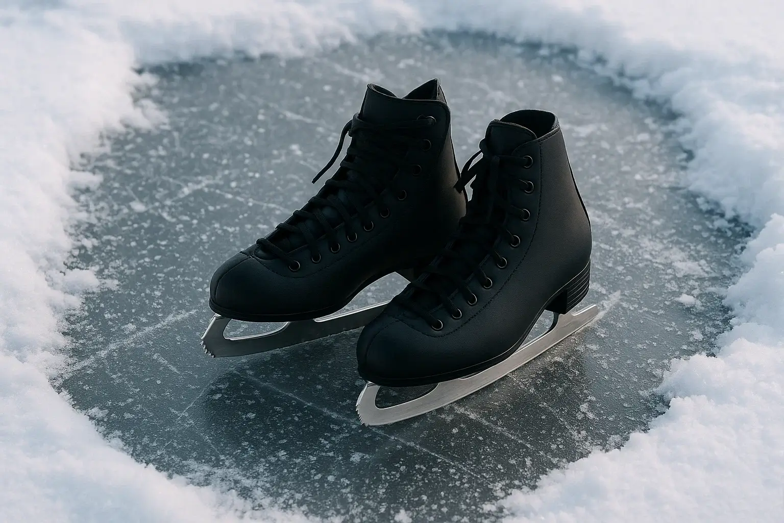 Black ice skates on frozen lake