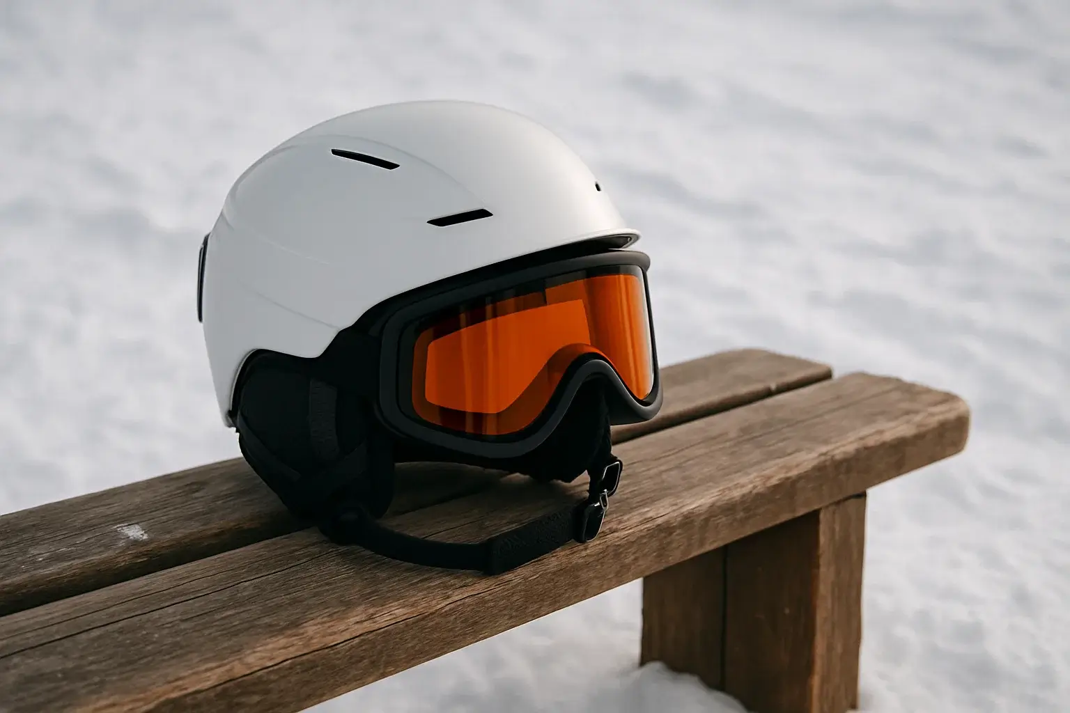 Ski helmet and goggles on bench