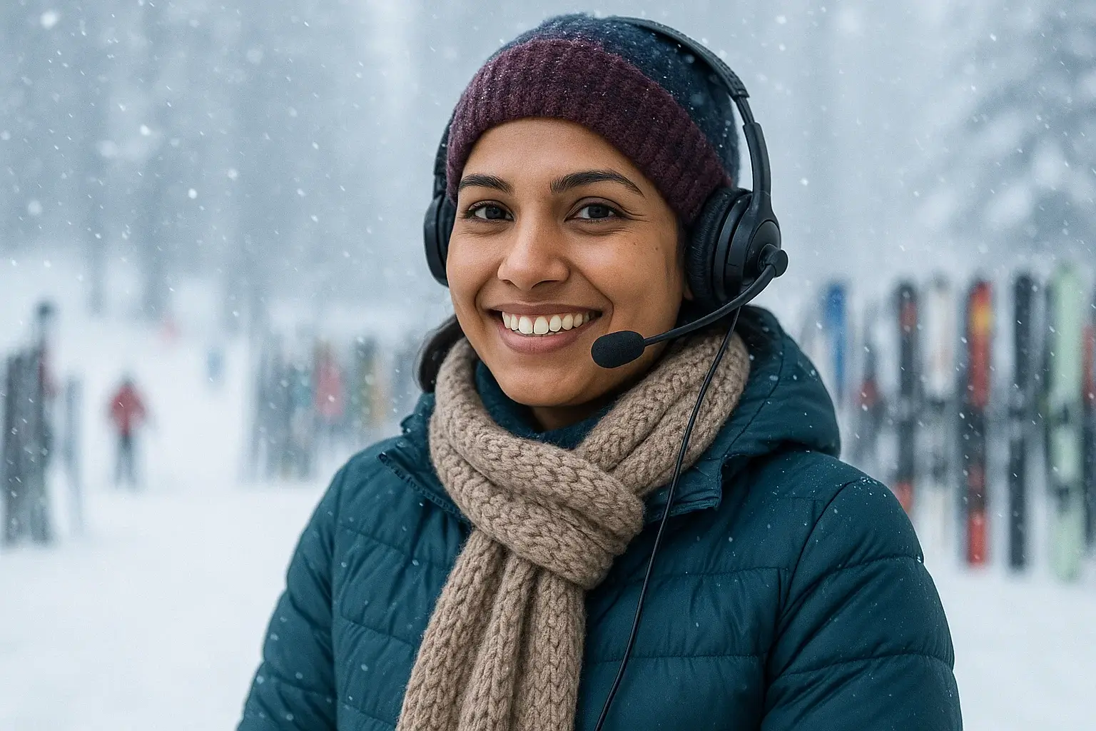 Smiling customer support representative in winter gear