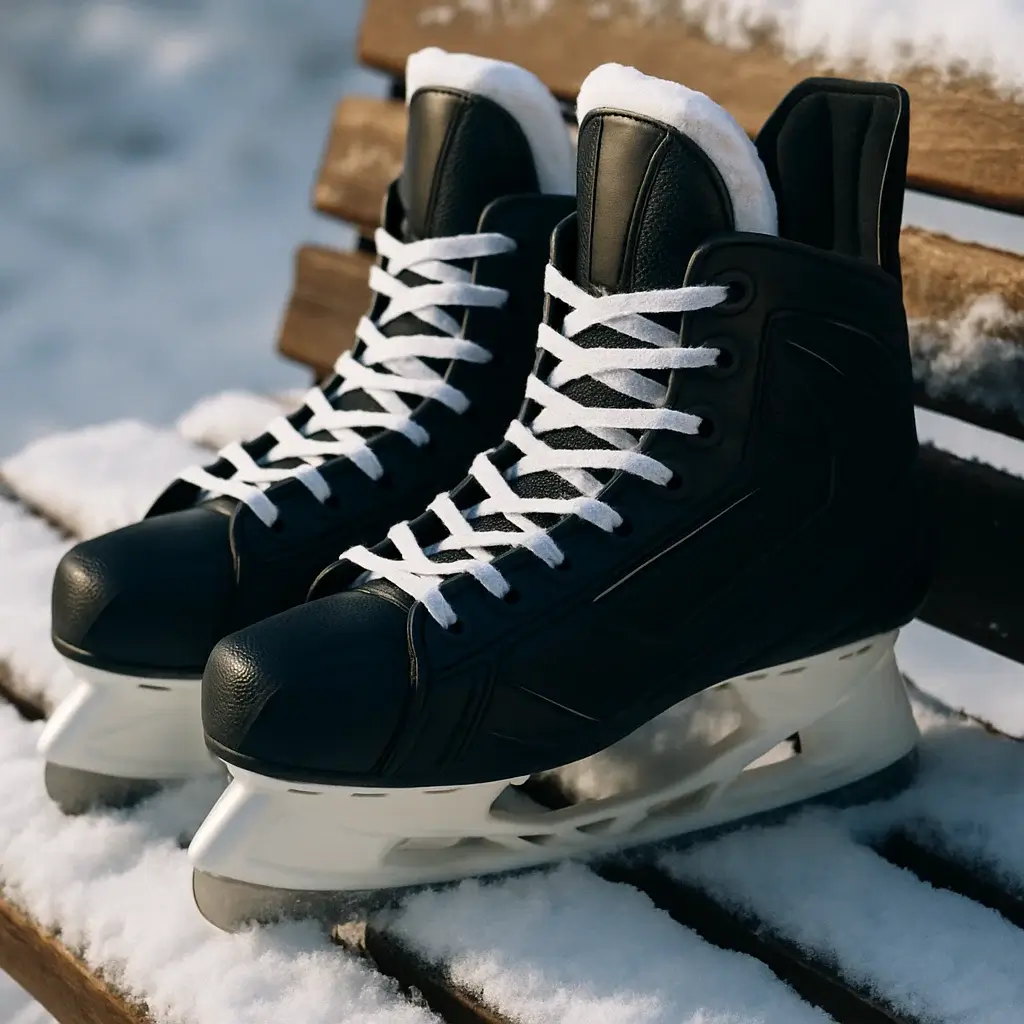 Hockey skates resting on snowy bench