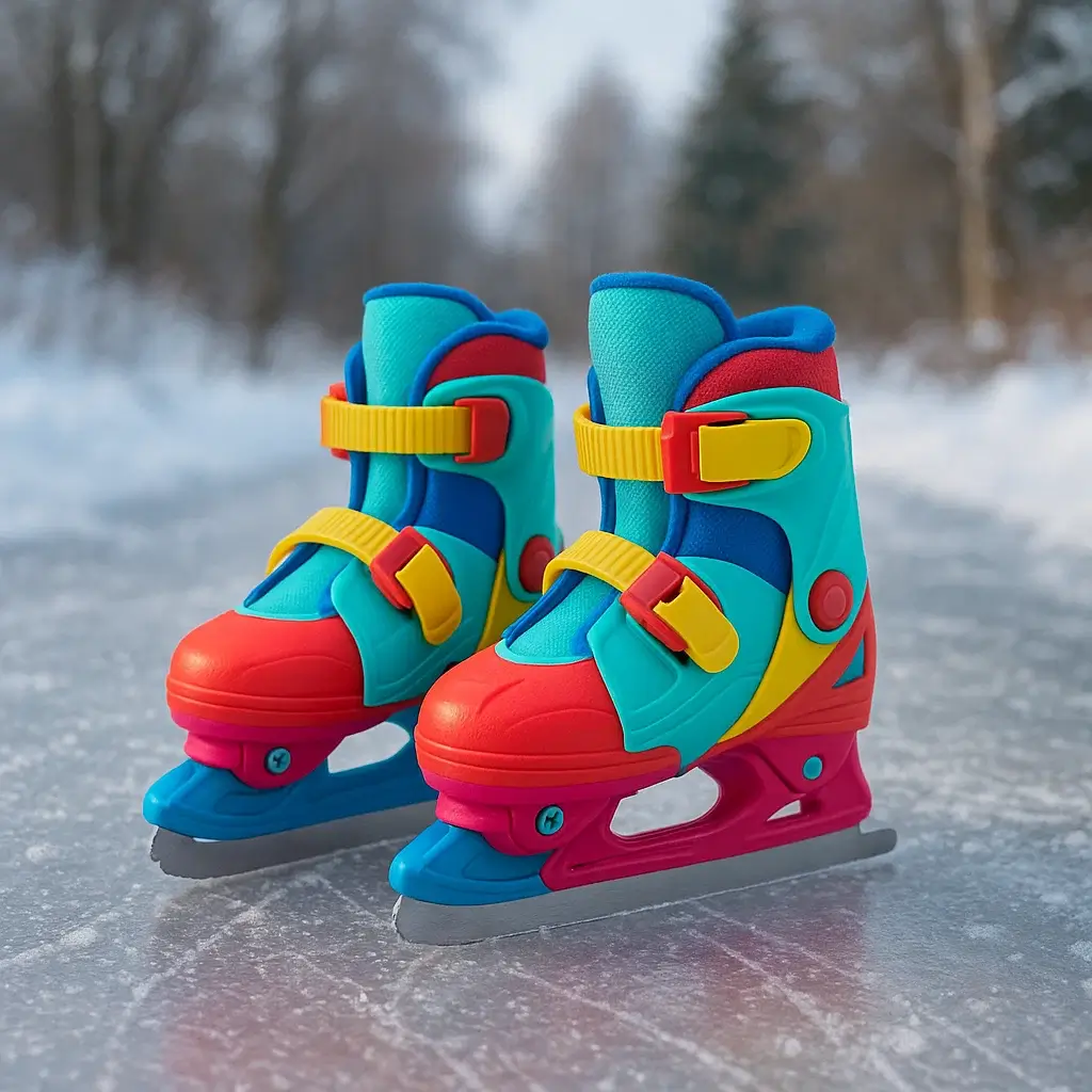 Kids adjustable skates on icy path