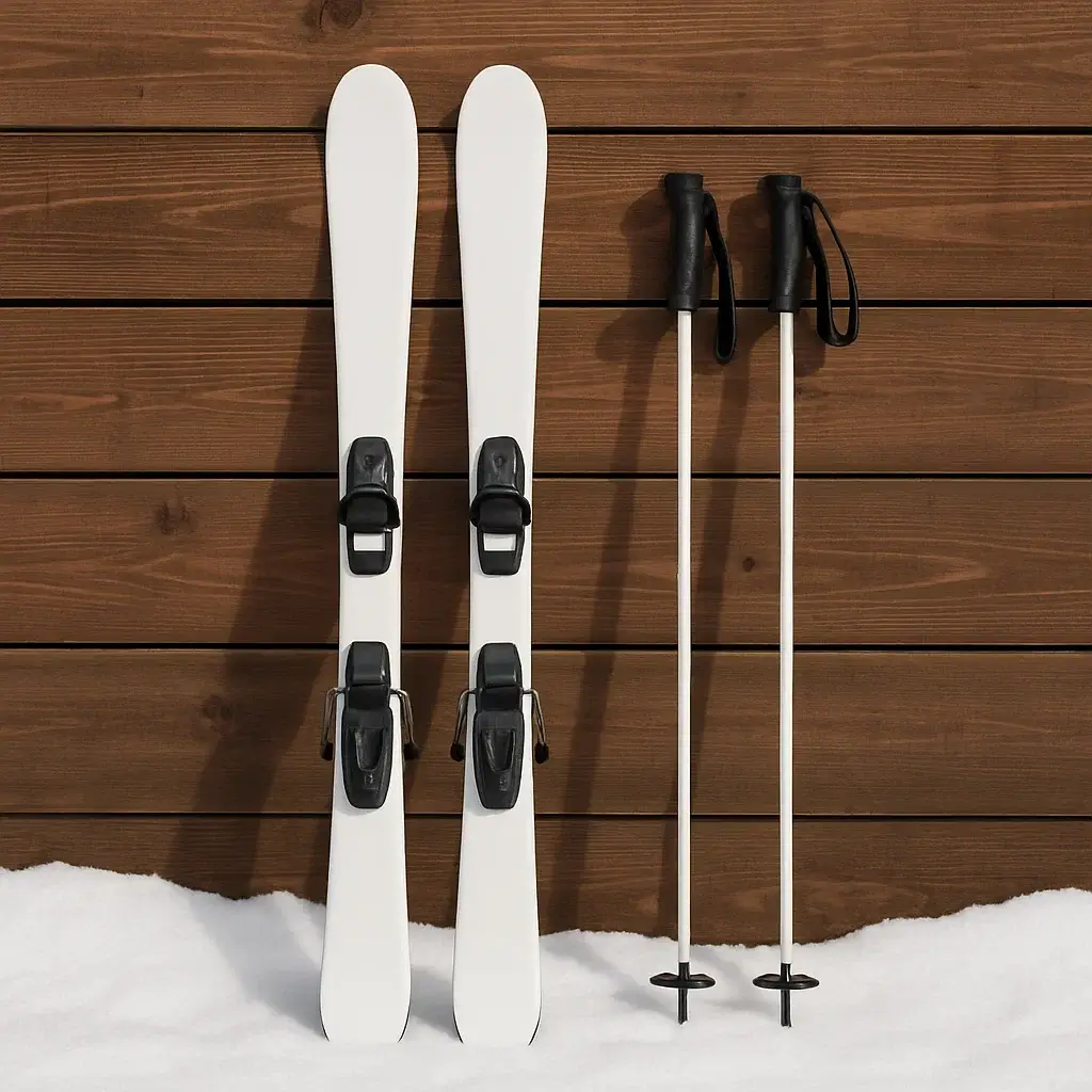 Freestyle skis resting on bench