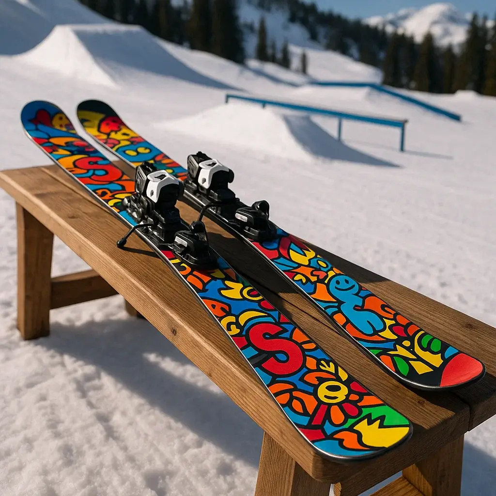 Beginner skis with poles leaning against wall