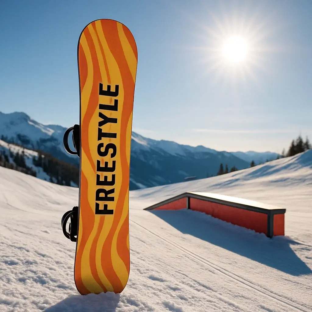 Freestyle snowboard resting upright